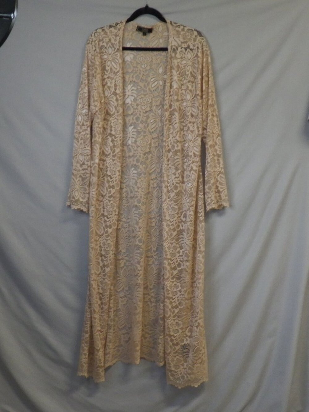 L & B (Lucky & Blessed) Open-Front Floral Lace Maxi Duster Cardigan